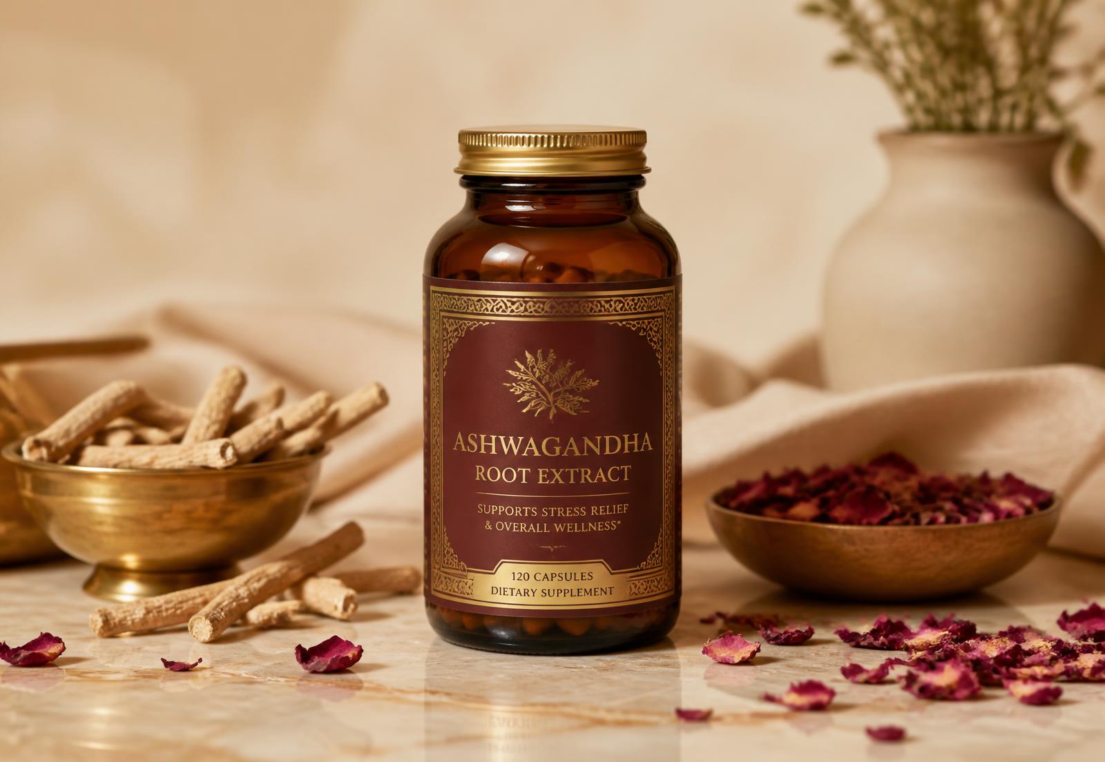 Amber WomensVeda supplement bottle surrounded by rose petals and ayurvedic herbs